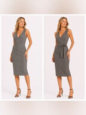 ANTONIO MELANI Size 6 Gray Glen Plaid V-Neck Midi Sheath Dress